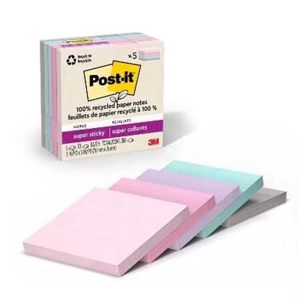 Post-it 100% Recycled Paper Super Sticky Notes 3" x 3" Wanderlust Pastels