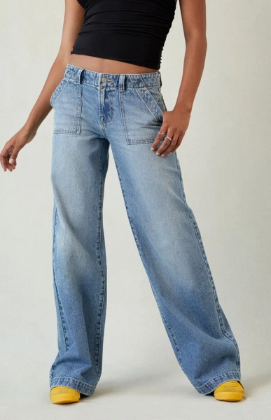 Casey Low Rise Baggy Jeans Button Pocket Medium Blue