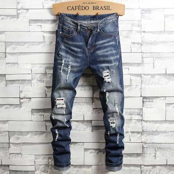 New Spring Men Holes Blue Denim Jeans High Street Style Ripped Denim Long Jeans Pants Male Slim Straight Denim Trousers Size 38 - AliExpress 200000343