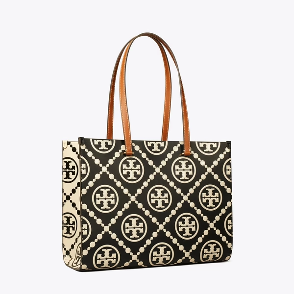 T Monogram Contrast Embossed Tote in black, size OS