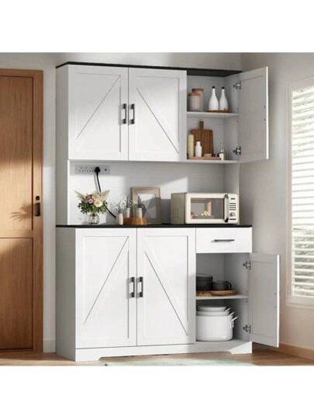 Vintage Farmhouse Style 71" Tall Storage Cabinet, Tall Kitchen Sideboard With Electrical Outlet, Separate Kitchen Cabinet With Drawers, 6 Doors And 4 Adjustable Shelves - Durable Wood Kitchen, Dining Room, Bathroom Storage Cabinet - Easy Assembly