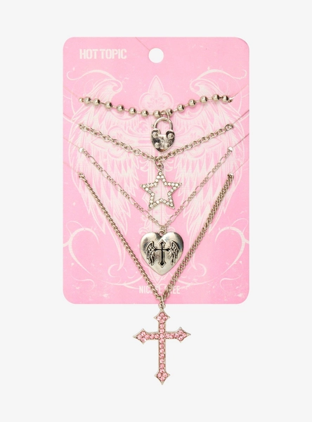 Pink Rhinestone Cross Heart Necklace Set