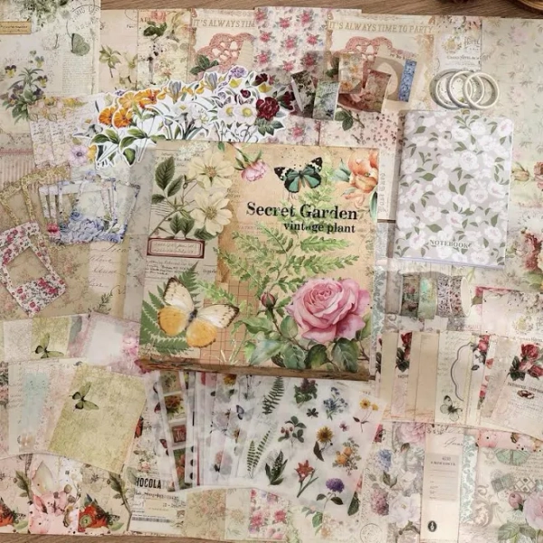 299PCS Scrapbook Supplies Kit with Washi Tape, Stickers & A6 Notebook Botanical Junk Journal Set