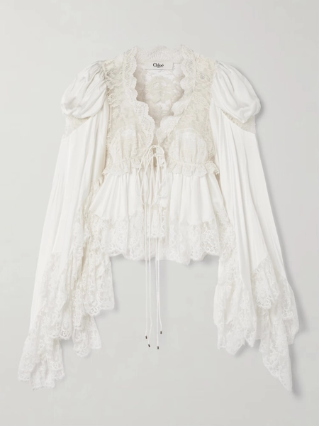 Lace-paneled silk-satin blouse - white - FR 34