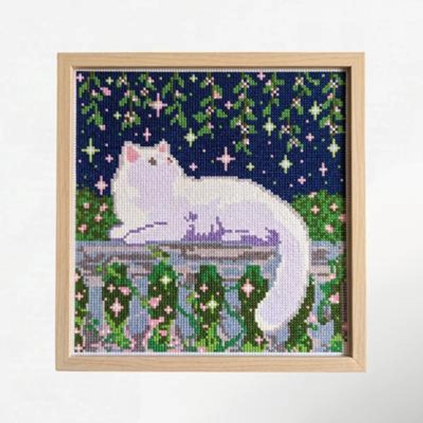 Dreamy Cat Cross Stitch Pattern, Night Sky Floral Fantasy Scene (PDF Download)