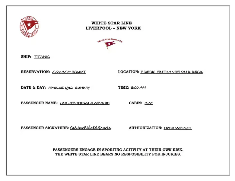 Titanic Squash Court Reservation Card