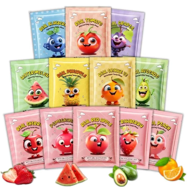 12PCS Kid Face Masks, Fruity Face Mask Set, Hydrating Sheet Masks for Kids Skincare, Improve Dullness&Roughness, Face Mask Gift Sets for Teenage Girls