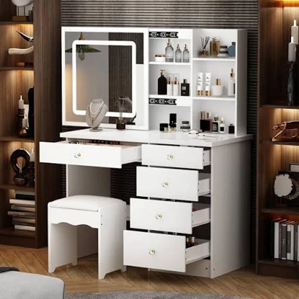 FUFU&GAGA 5-Drawers Mirror Makeup Vanity Sets with LED Push- Pull Mirror Makeup Vanity Sets