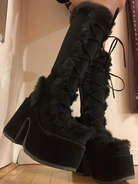 Women's Christmas Winter Furry Snow Boots Womens Mid Calf Boots Lace Up Zip Block Chunky High Heel Punk Goth Warm Fur Winter Snow Platform Knee High Boots