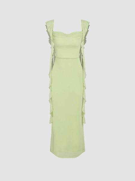 Mesh Ruffle Hem Maxi Dress