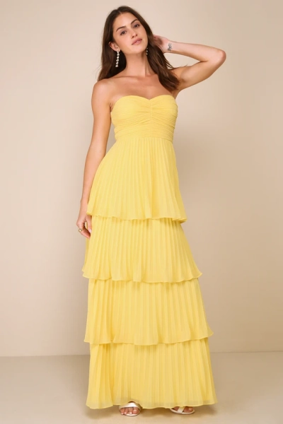 Seriously Sensational Yellow Strapless Tiered Maxi Dress