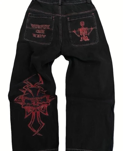 Baggy Wide-Leg Jeans with Embroidery Skeleton & Cross