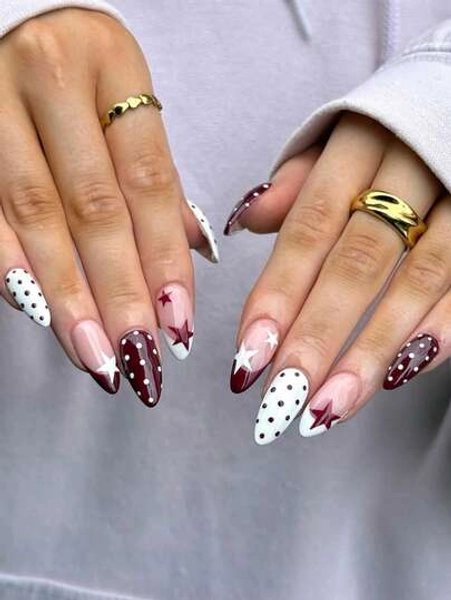 24 Pieces Of Almond Nail Gift Box Autumn Atmosphere Manicure Personalized Contrast Wine Red Polka Dot French Edge Star Element Light Luxury Senior Girl Daily Attendance Work With Holiday Travel Essential Detachable Fake Nails With Jelly Glue 1 File 1.