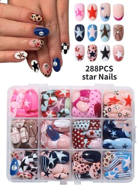 288pcs (12mixed) Eightball Nails Short Oval Leopard Print Nails ,Polka Dot Nails, Striped, Cherry Nails And Star Nails Design French Acrylic Press On Nails Short Perfect Fit False Nail Set, Star Nails And Fall Nails Make Your Fingertips Shine And Beautiful,Very Suitable For Parties, Dancing And Daily Use