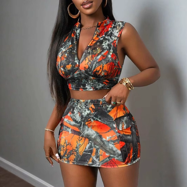 Sexy Deep V Neck Sleeveless Crop Top And Skirt 2 Piece Sets Women 2025 Summer Print Body Short Skirts Two Piece Set Woman Outfit - AliExpress 200000345