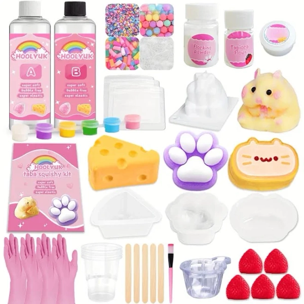 HOOLYUK 46PCS DIY Squishy Kit Craft Kits For Kids Stress Relief Novelty Squeeze Toys 1:1 AB Liquid Silicone Hamster Cat Paw Molds Multicolor
