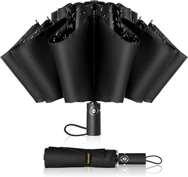 Tecknet Compact Windproof Auto Inverted Umbrella: Portable, Fits Car/backpack. Lightweight Folding Design For All.