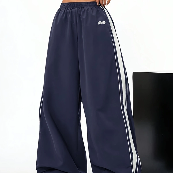 Plus Size, Navy Blue Wide - Leg Track Pants: Side Stripes, Elastic Waist, Loose Fit. Lightweight Fabric, Casual Style. Ideal for s, Street Outfits