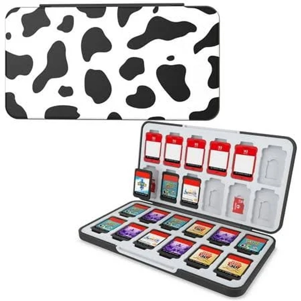 Nintendo Switch 2 Switch Lite Game Card Case with Custom Pattern, 24 Game Card & 24 Micro SD Card Slots, Compact Storage Holder, 189G:COW
