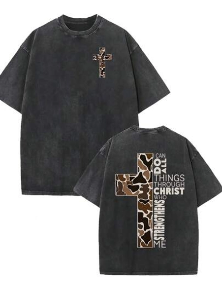 230g Washed Batik Vintage Short-Sleeved T-Shirt, Double-Sided Printed Flowers, Christianity, Men, Cross, God.