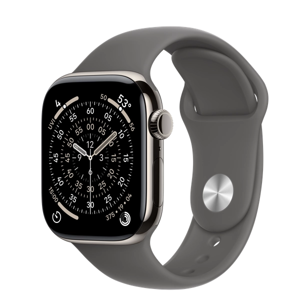 Apple Watch Series 11 GPS + Cellular, 42mm Natural Titanium Case with Stone Gray Sport Band - S/M