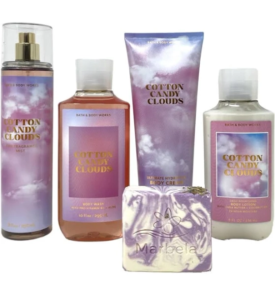 Bath & Body Works Cotton Candy Clouds Deluxe Gift Set Mist, Body Cream, Body Lotion and Body Wash with Marbela Lavender Dream Bar Soap