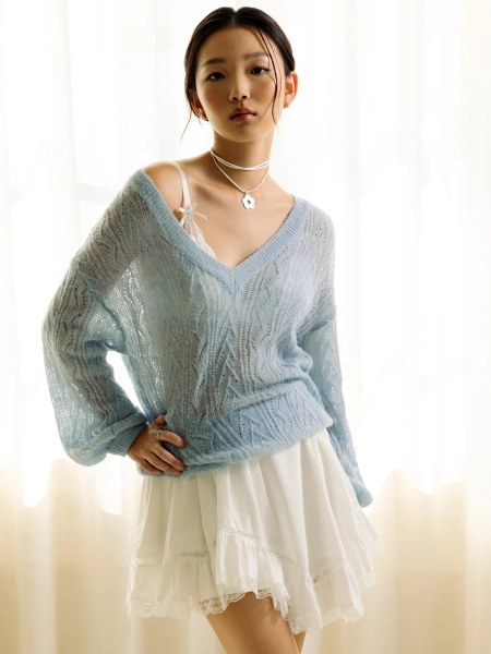 Mohair V-neck Solid See-through Sweater