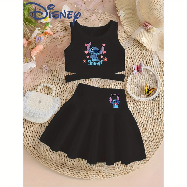 Disney Officially Licensed Summer Girls' Stitch Print Cross-Back Vest& Skirt 2pcs Set, Fashionable Crisscross Strap Design, Light Beige-Friendly& Breathable Fabric, Casual Sporty Style, Versatile Outfits, Ideal Gift Choice for Girls.