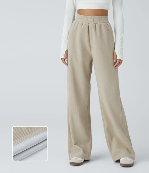 High Waisted Pocket Straight Leg Mop Corduroy Casual Pants