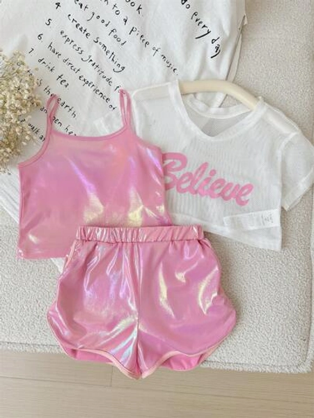 Young Girl Sporty Sweet Knitted Mesh Short Sleeve Top + Suspenders Shorts Set - Size 6Y