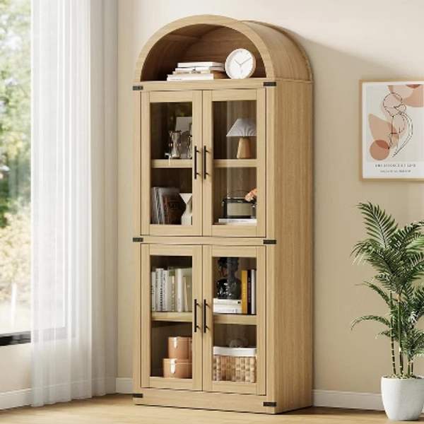 Coolmee Arched Bookshelf with Doors, Farmhouse Display Storage Shelves, 71.4in Tall Wooden Rounded Bookcases for Living Room, Kitchen, Office