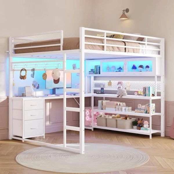 Twin Size Loft Bed With L-shaped Gaming Desk, Hutch & Storage Drawers And Charging Station, Metal Loft Bed Frame With Rgb Lights HAUOMS Color: White