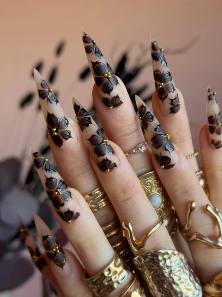 Hand Painted Black Floral Nude Press On Nails | Moody Watercolor Flower Long Stiletto | Elegant Gold Accent Autumn Nail Art