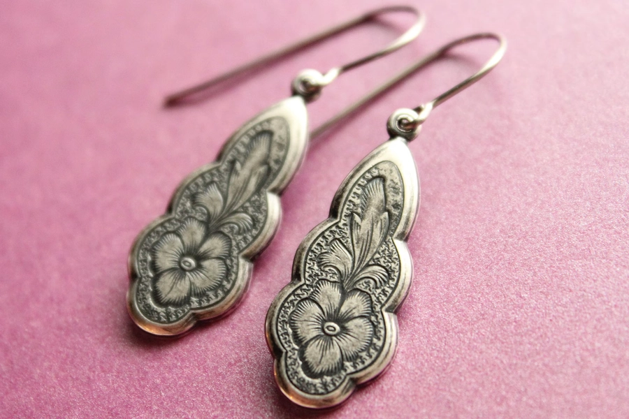 Vintage Style Floral Etched Antiqued Silver Earrings - Stainless Steel Earwires