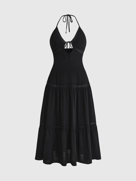 ROMWE Goth Plus Size Women Halter Tie Ruched Casual Party Dress, Halloween