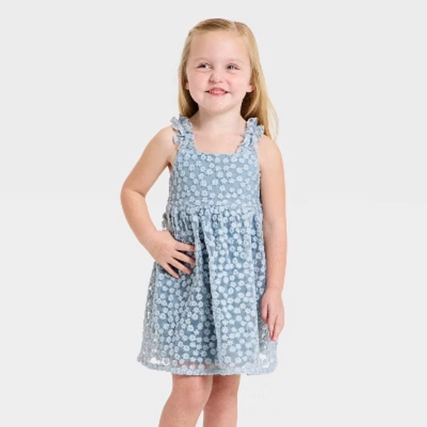 Toddler Girls' Easter Embroidered Floral Tulle Dress - Cat & Jack™ Blue 4T