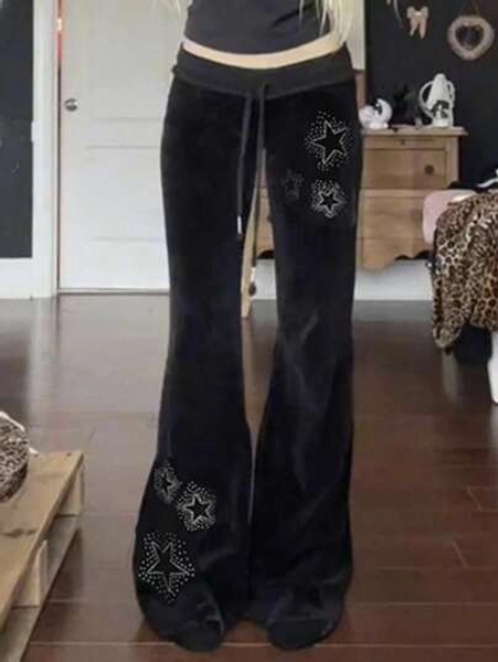 INAWLY 5-Star Pattern Rhinestone Decor Flare Pants - Size XL