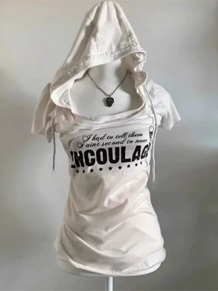 Y2k American retro hooded short sleeved fake two-piece T-shirt emo girl cut top women's summer shoulder slim fit - AliExpress 200000345