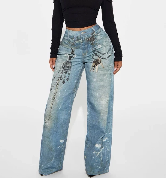 Fashion Nova Women's It's All An Illusion Chain Printed Baggy Jeans