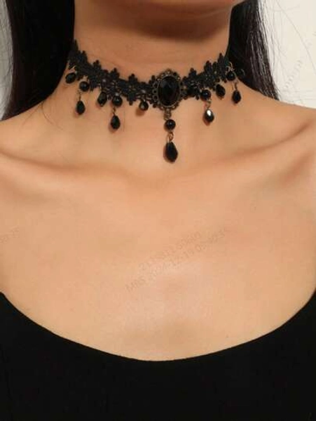 1pc Newly Arrived Fashion European & American Gothic Style Exaggerated Vintage Black Lace Choker Necklace For Women, Suitable For Daily Wear - Size one-size