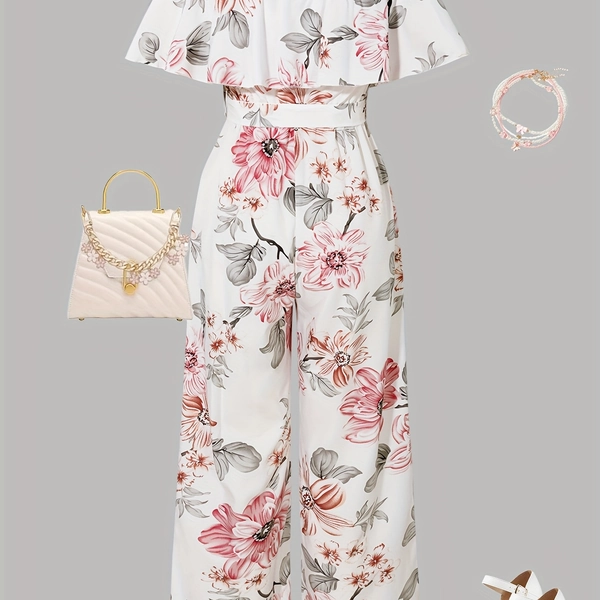Teen Girl's Vacation Style One-Shoulder Floral Print Ruffled Short Sleeve Waist-Cinching Wide-Leg Jumpsuit Pants, Perfect for Outdoor, for Teenager