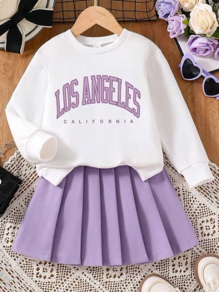 SHEIN Tween Girls' Letter Print Crew Neck Long Sleeve Top and Pleated Skirt Set