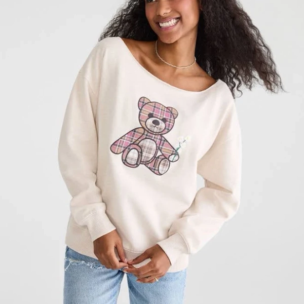 Aeropostale Women's Cloud Soft Plaid Teddy Bear Sweatshirt