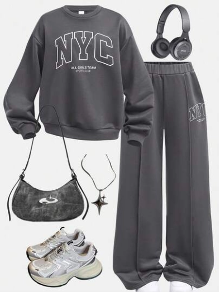 SHEIN Girlism Tween Girls Hoodie & Sweatshirt Co-Ords, Casual Loose Fit Thick Crew Neck Sweatshirt And Pleated Wide-Leg Sweatpants Set, Suitable For Autumn/Winter, Spring & Summer, Street, Basic, Daily, Versatile, Suitable For Various Sports Occasions, Back To School, College Style Grey Girl S Outfit New York Outfits Outfit Set 8 Year