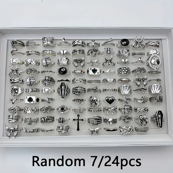 Random 7/24pcs Vintage Exaggerated Punk Gothic Halloween Skull Hand Claw Spider Snake Bat Frog Tooth Cross Heart Ring Set for Women, Fashionable Stackable Party Gift (No Box Included)