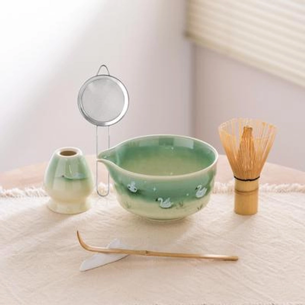 Hand-Painted Swan Matcha Bowl Set: Gradient Green Ceramic Chawan Kit