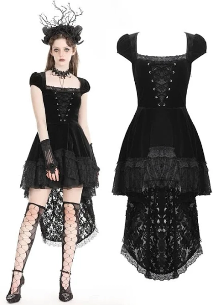 Womens Dark in Love Gothic Velvet & Lace Train Cutaway Party dress