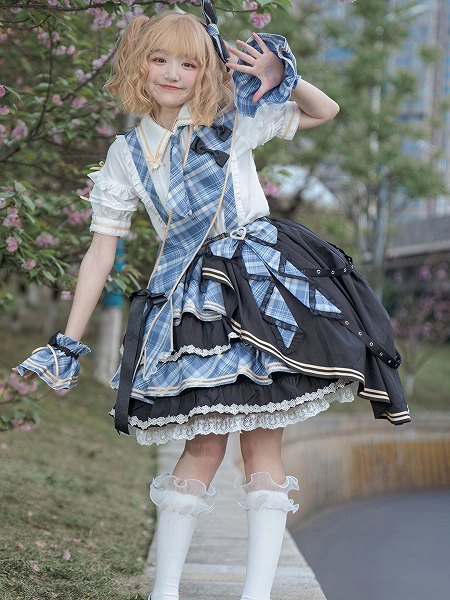 [£72.45]Blue & Black Plaid Ruffled Layers Skirt with Straps + Blouse + Sash Full Set for Idol Performance