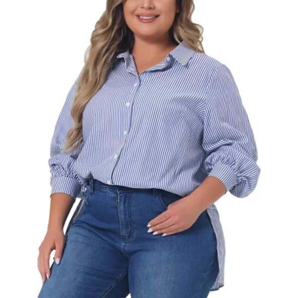 Women's Plus Size Button Down Collared Long Sleeve Classic Casual Office Striped Blouse - Agnes Orinda 1X Blue