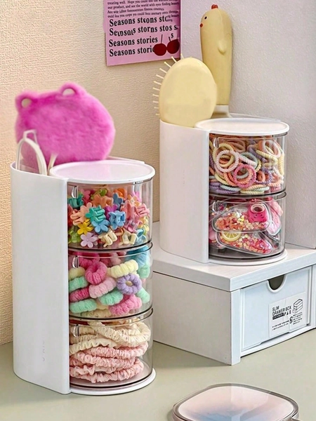 1pc Children's Room Rotating Desktop Storage Box, 2-Layer 3-Compartment Dust-Proof Hair Clip Organizer